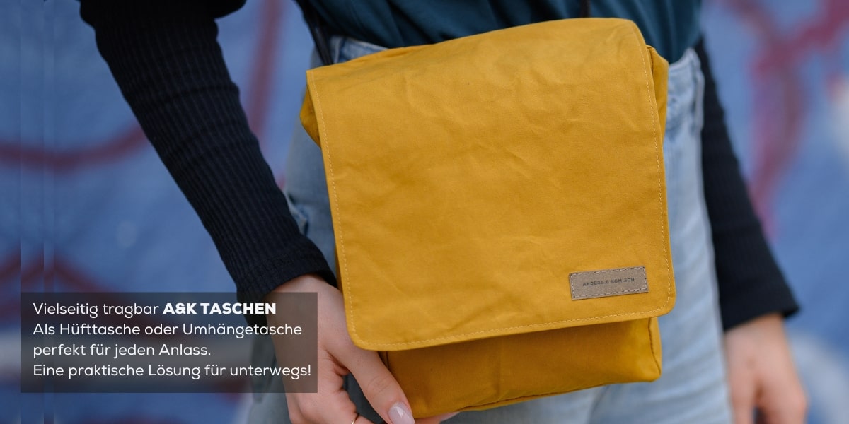A&K Tasche: Vielseitig in Senfgelb. Trage sie als stilvolle Umhänge- oder praktische Hüfttasche. Entdecke die Freiheit des Stils